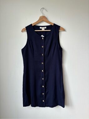 NWT Monteau Navy Shift Dress with Gold Nautical Buttons - linen blend